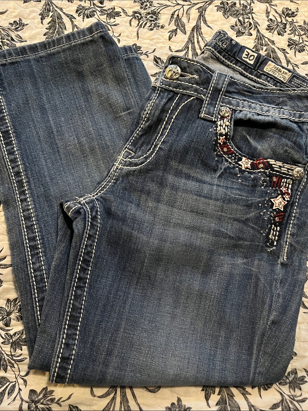Miss Me Dark Blue Bootcut Jeans with Patriotic Embroidered Pocket Accent